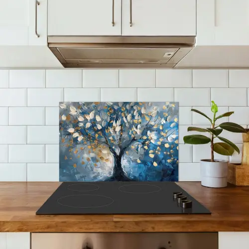 Boom - Blauw - Goud - Abstract keuken achterwand spatscherm klein -sfeer2