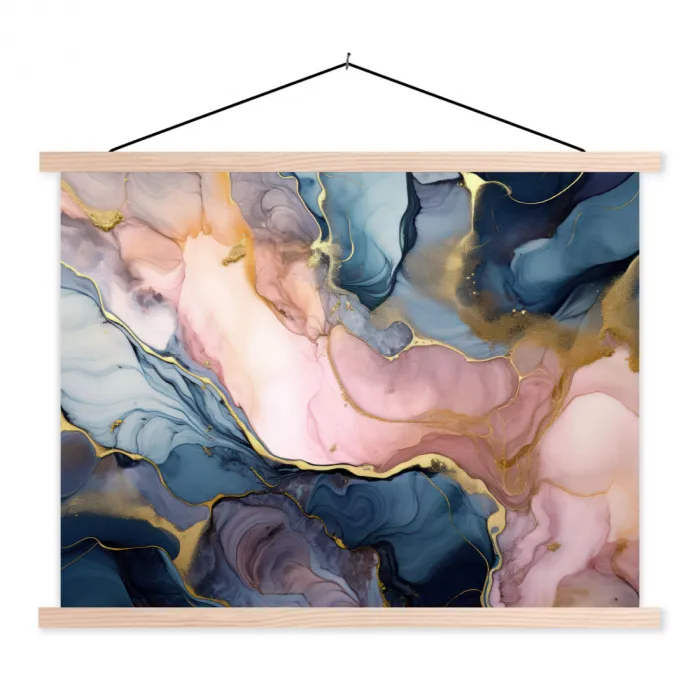 Marmer - Roze - Blauw textielposter latten blank klein -3d