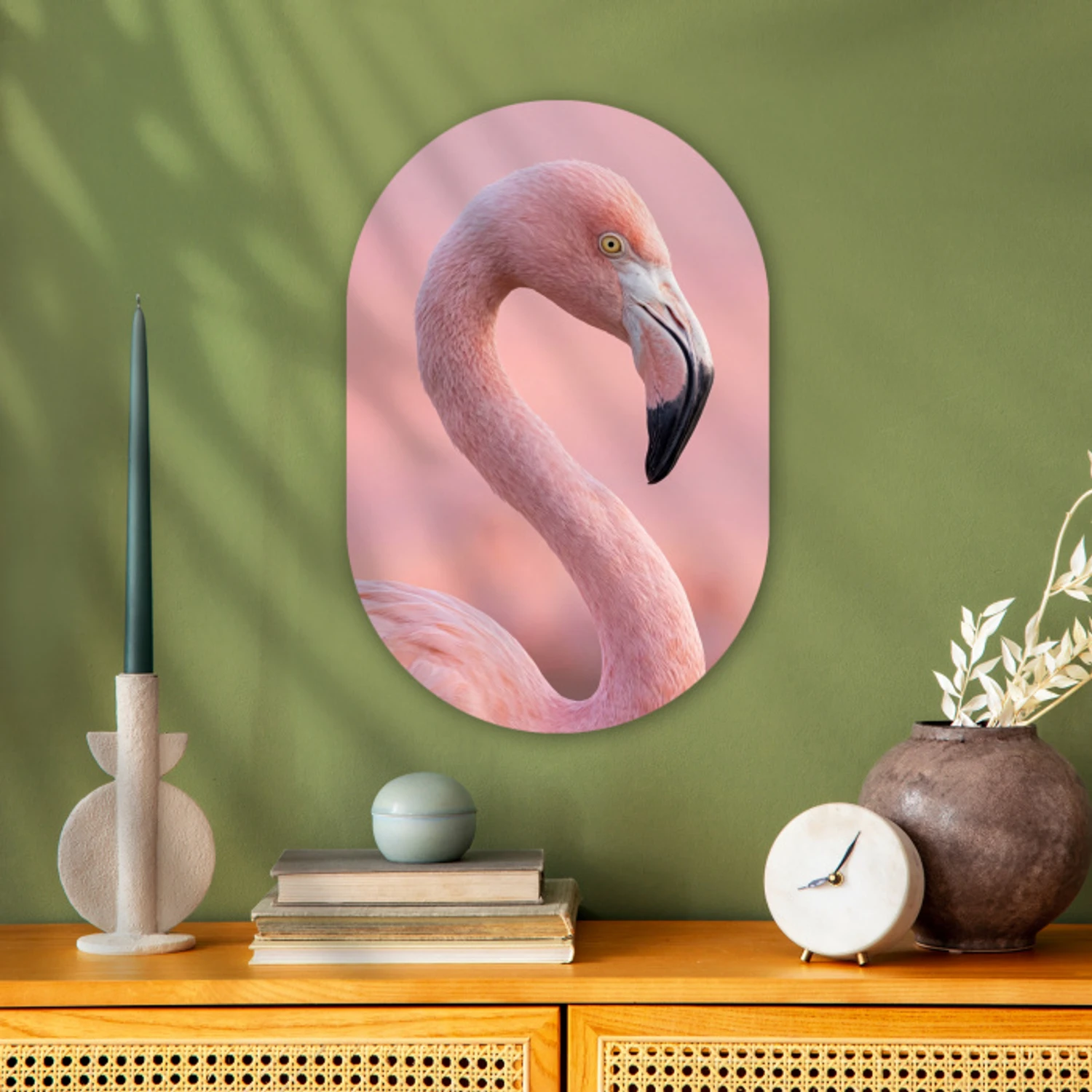 Flamingo - Portret - Roze Wandcirkel Ovaal Forex klein -sfeer2