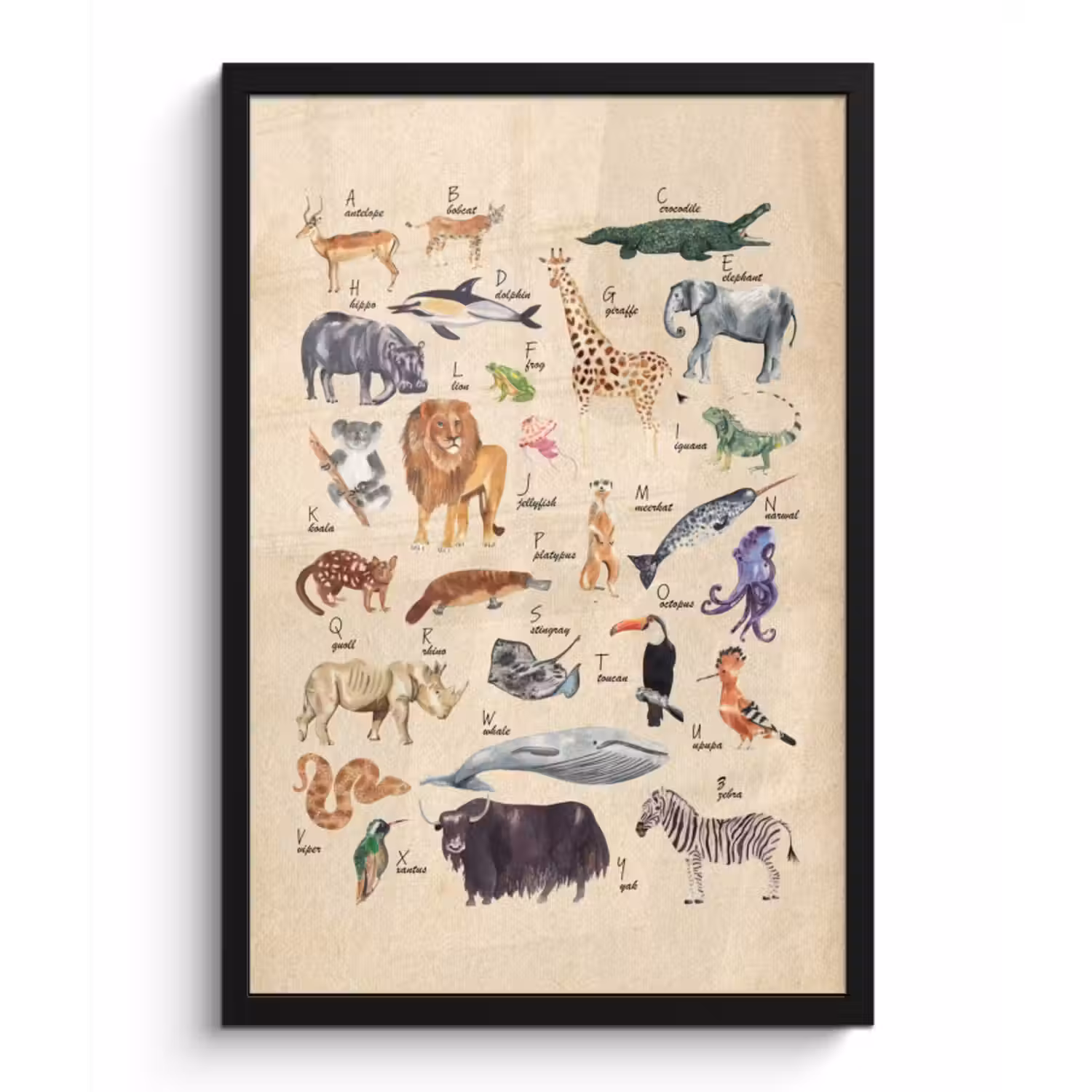 Poster met lijst - Alfabet - Dieren - Leeuw - Retro - Bruin - Kids - Kinderen