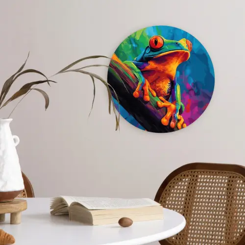 Kikker - Felgekleurd - Tak - Regenboog Wandcirkel kunststof plaat 5mm dik klein -sfeer4