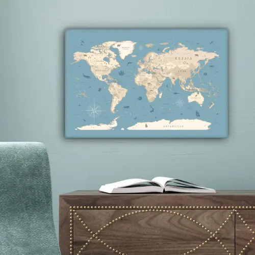 Wereldkaart - Oceaan - Realistisch - Blauw canvas 2cm klein -sfeer4