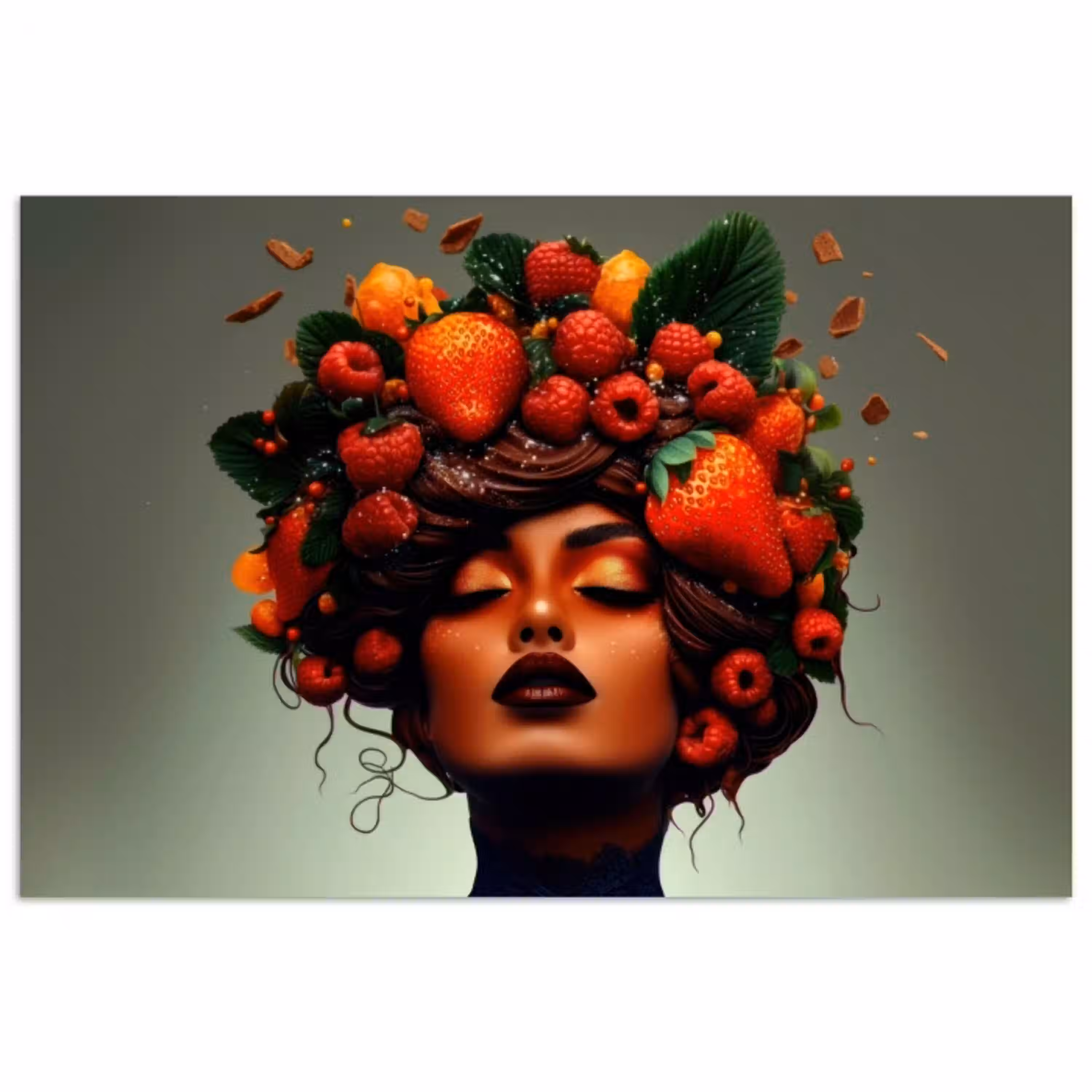 Vrouw - Chocolade - Frambozen - Aardbeien - Koekjes poster papier klein -3d