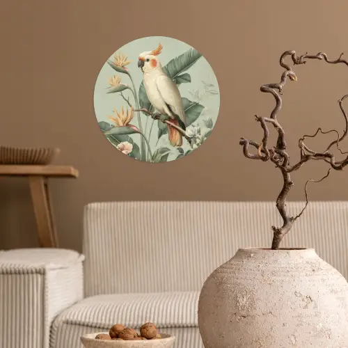 Gele kuifkaketoe - paradijsvogelbloemen - Groen Wandcirkel behangsticker klein -sfeer1
