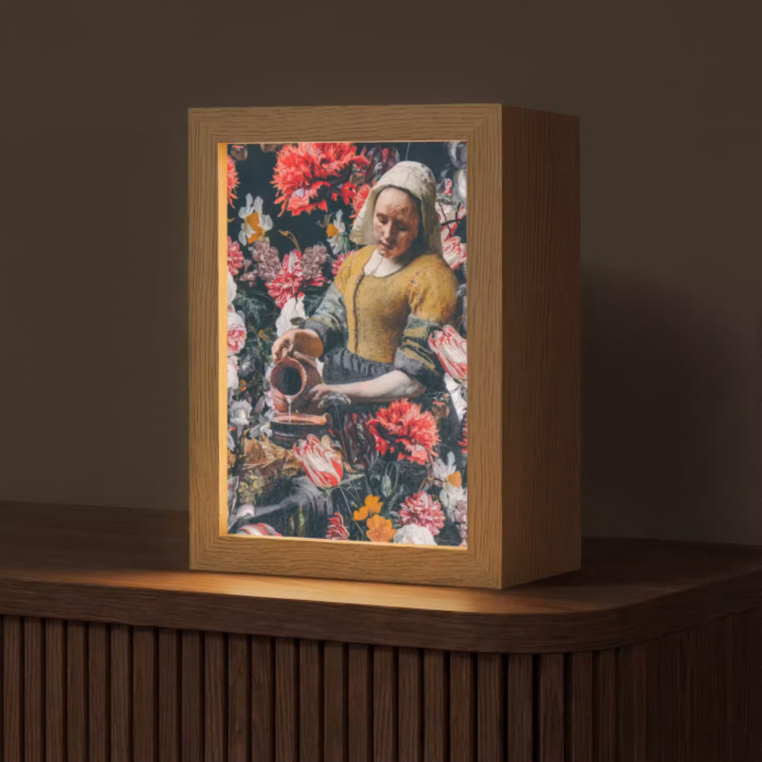 Melkmeisje - Johannes Vermeer - Bloemen - Roze Light Box met kabel (Tafellamp) klein -z3d_website