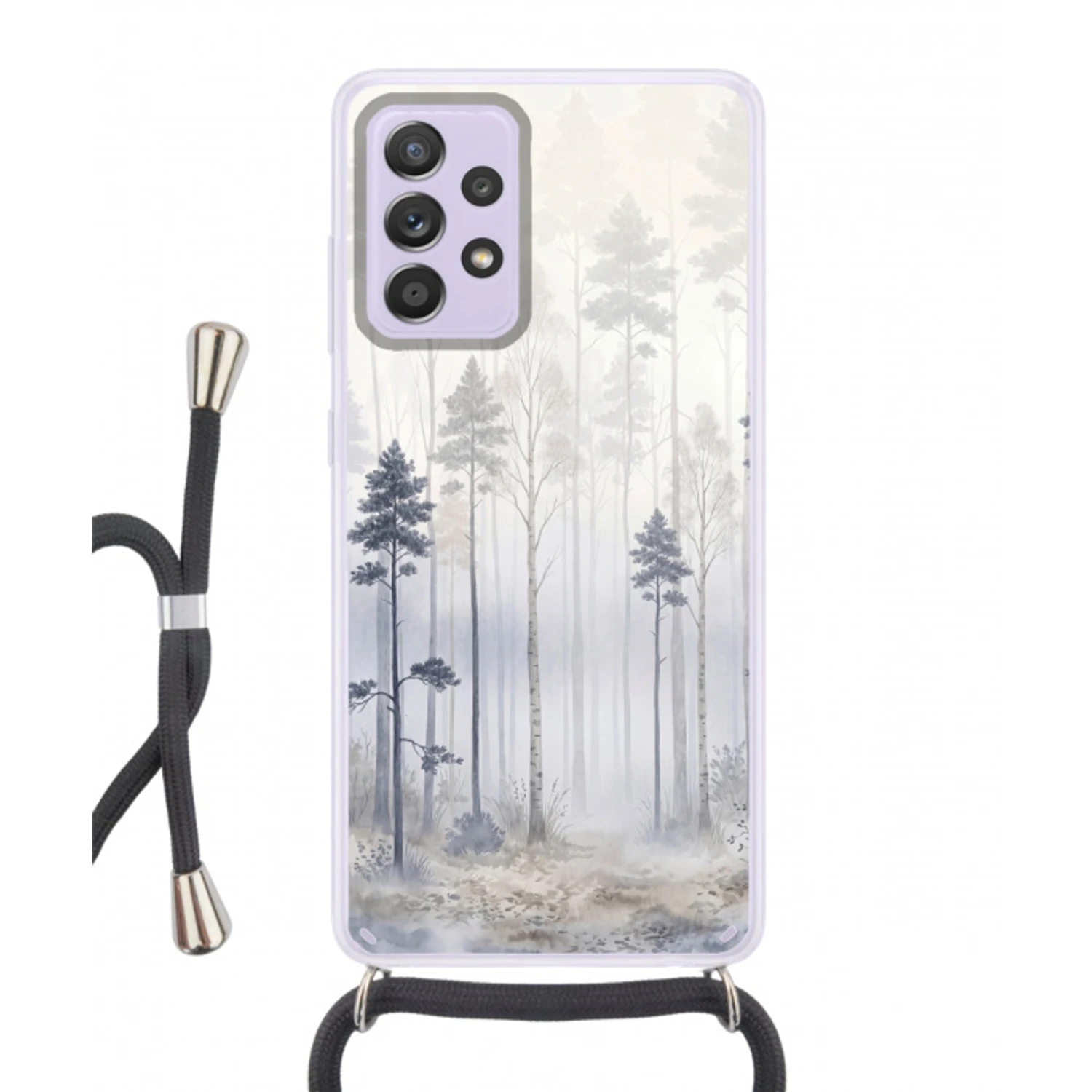 Bos - Bomen - Mist - Natuur - Illustratie - Grijs Hoesje Samsung Galaxy A52 5G met koord klein -3d