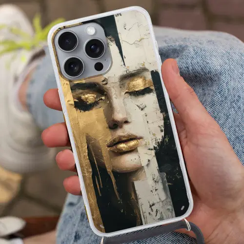 Abstract - Goud - Gezicht - Lippen Hoesje iPhone 16 Pro Max met koord klein -sfeer3
