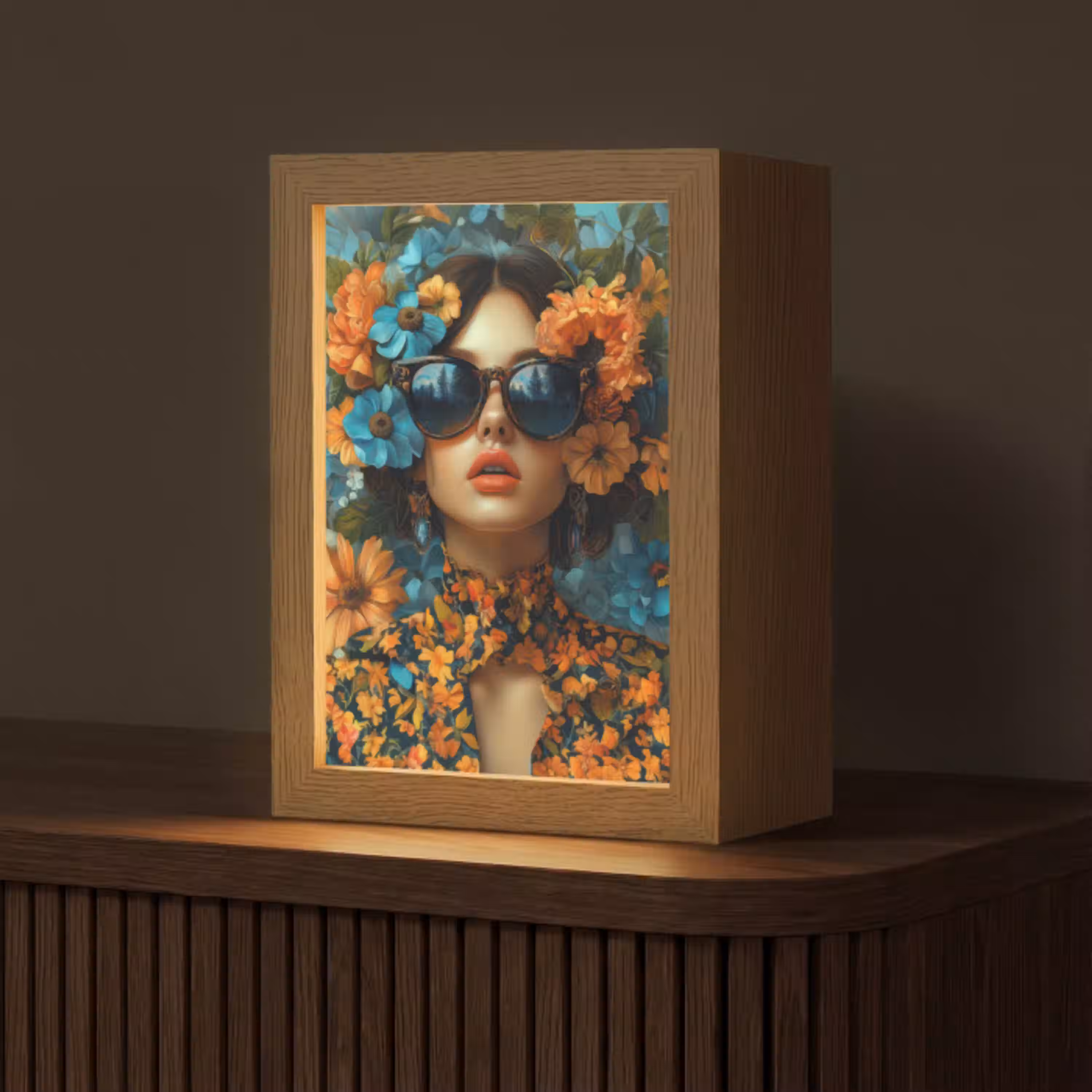 Vrouw - Bloemen - Oranje - Blauw - Modern Light Box met kabel (Tafellamp) klein -z3d_website