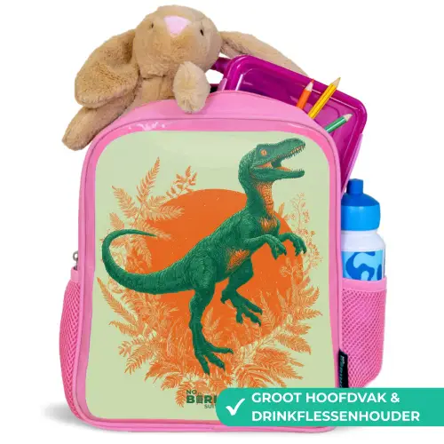 Groene dino tussen varens Kinderrugzak - Roze middel -inhoud_NL