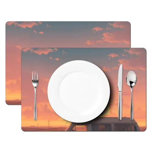Busje - Kat - Zonsondergang - Oranje Placemat vinyl groot -zzsfeer2_Kitchenyeah-website