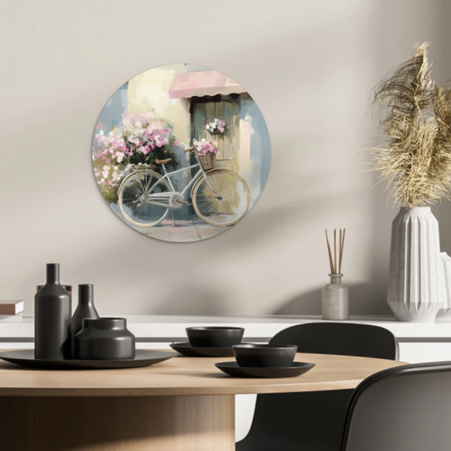 Fiets - Pastelkleuren - Bloemen KitchenYeah - Keuken - Wandcirkel Forex klein -sfeer2