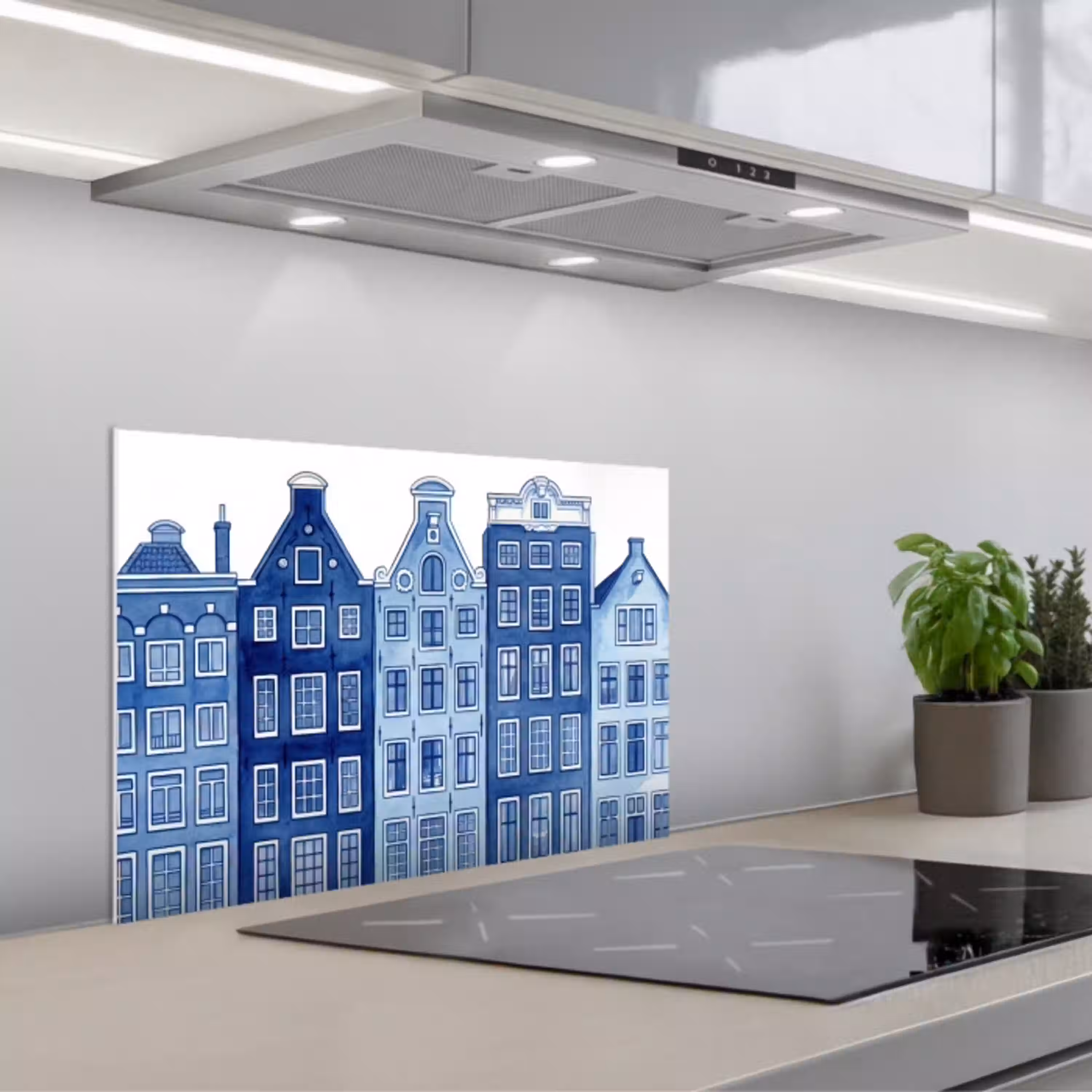 Aquarel - Grachtenpanden - Delfts - Blauw keuken achterwand spatscherm klein -3d_schuin