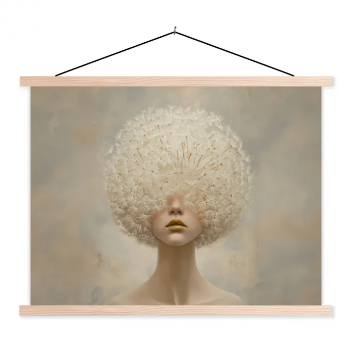 Dromerig - Beige - Paardenbloemzaadjes textielposter latten blank klein -3d