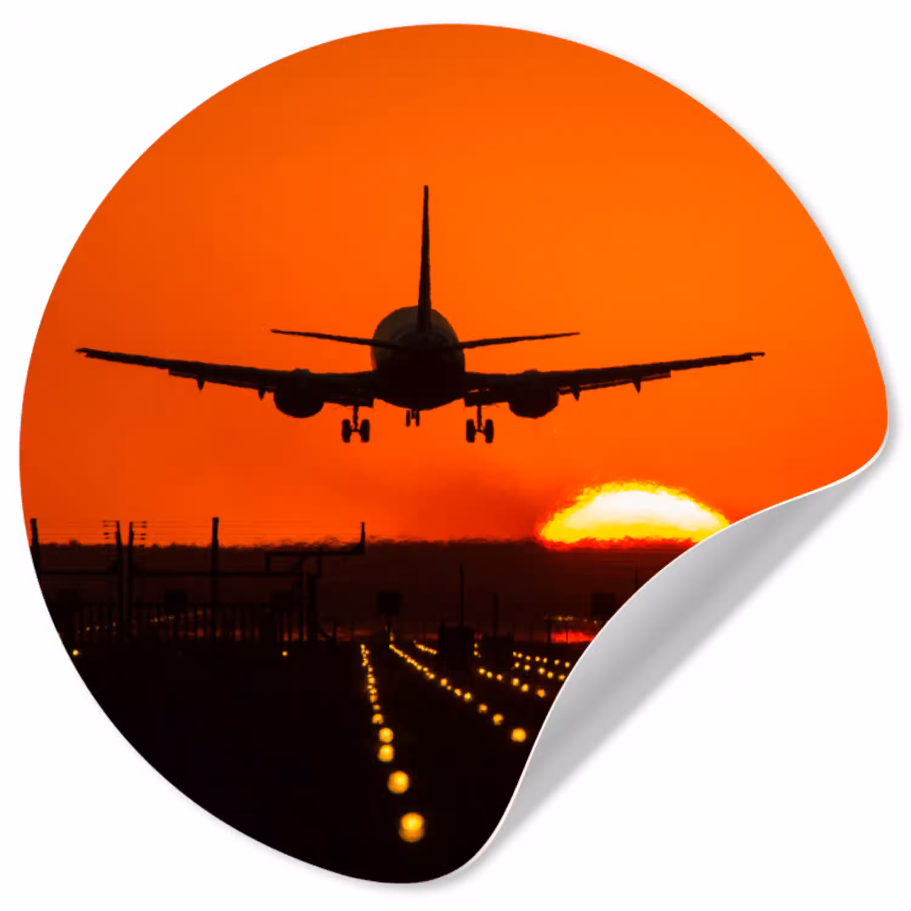 Zonsondergang - Vliegtuig - Oranje - Zon Wandcirkel behangsticker klein -3d