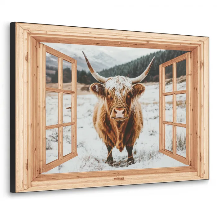 Schotse Hooglander - Landschap - Landelijk - Bergen - Winter - Doorkijk Textielframe zwart klein -3d