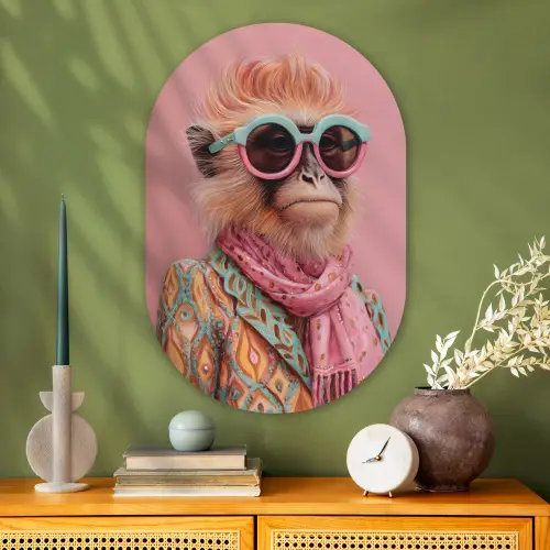 Sjaal - Aap - Zonnebril - Jasje Wandcirkel Ovaal Glas middel -sfeer2