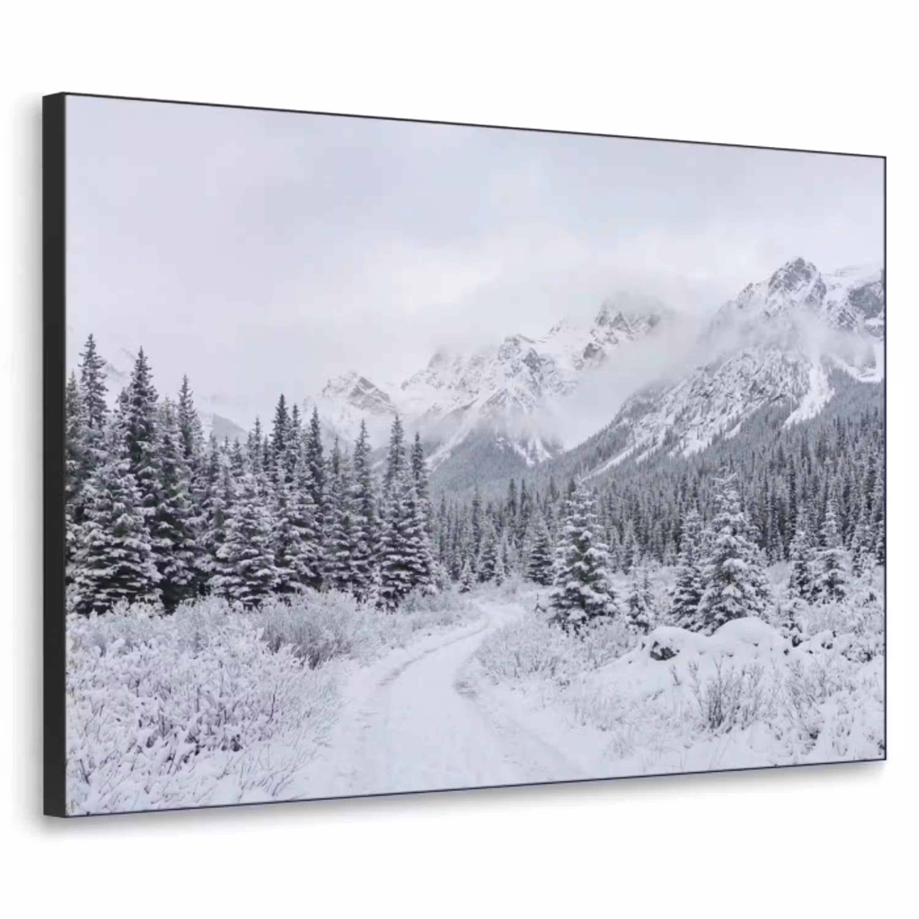 Weg - Bergen - Sneeuw - Naaldbos - Avontuurlijk Textielframe zwart klein -3d