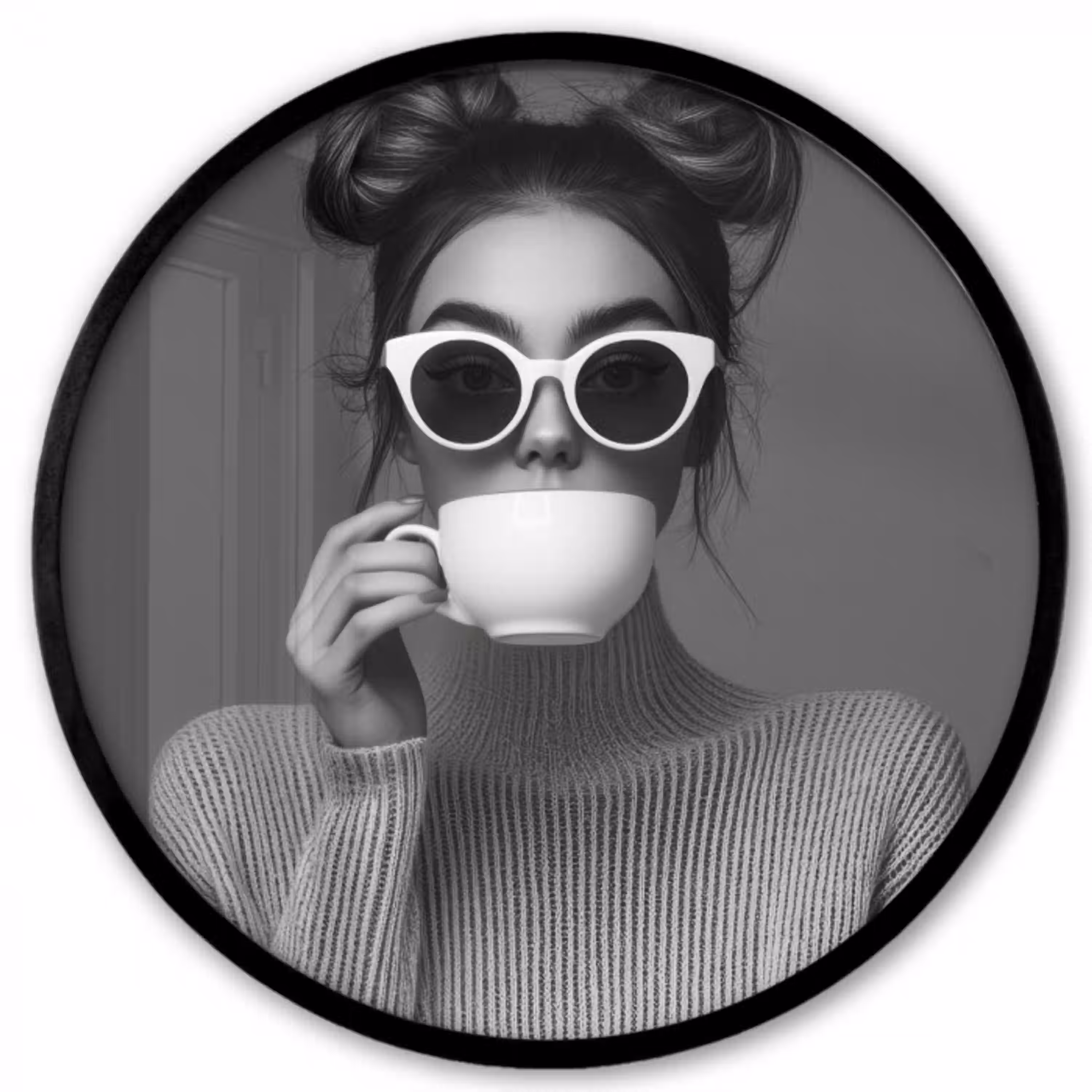 Vrouw - Koffie - Zwart - Wit Fotolijst rond zonder passe partout klein -3d