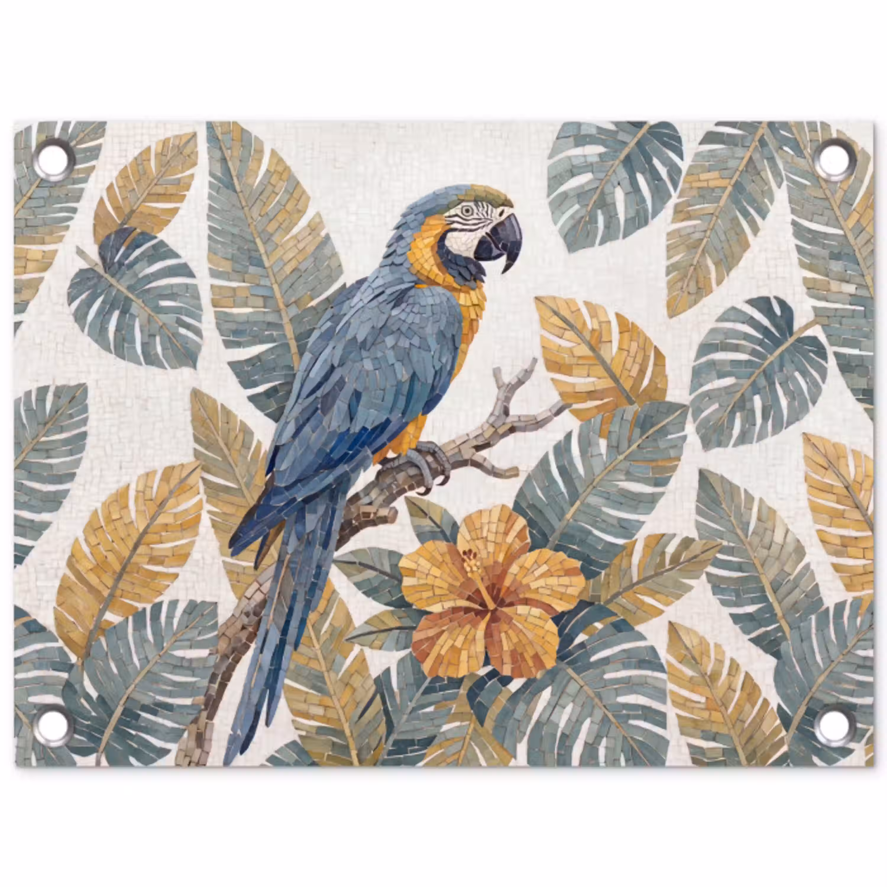 Vogel - Tak - Natuur - Mozaïek - Blauw tuinposter los doek klein -3d