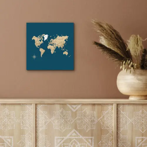 Wereldkaart - Donkerblauw - Beige aluminium wit klein -sfeer4