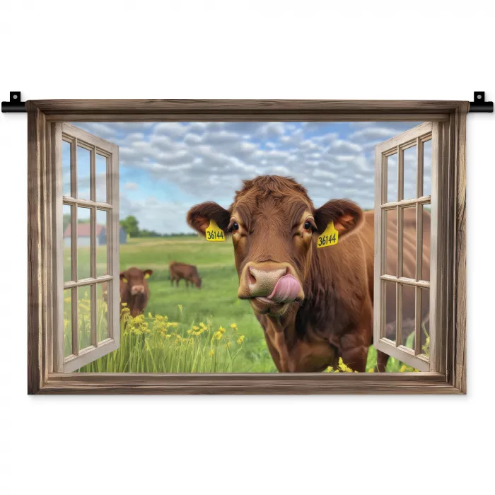 Doorkijk - Koe - Weiland - Landschap - Dieren Wandkleed katoen klein -zz3d