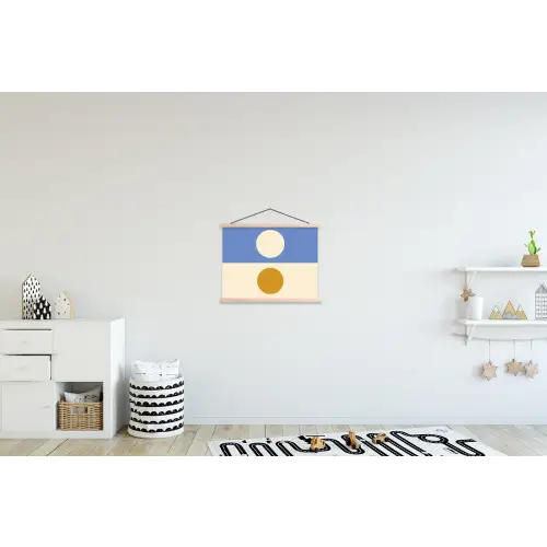 Cirkels - Symmetrisch - Wit - Blauw- Geel textielposter latten blank klein -kinderkamer