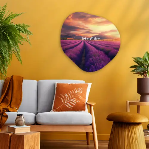 Lavendelveld - Quote - Zonsondergang Wandcirkel Organisch Plexiglas middel -sfeer4