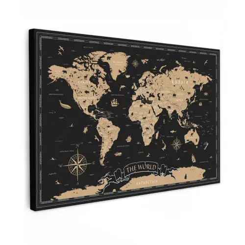 Wereldkaart - Beige - Zwart canvas 2cm klein -z3d