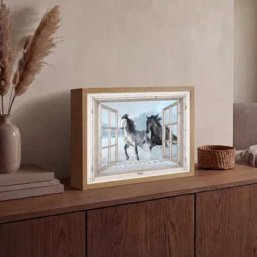 Doorkijk - Paarden - Winter - Dieren - Natuur - Wit Light Box met batterij (Wandlamp) middel -sfeer2