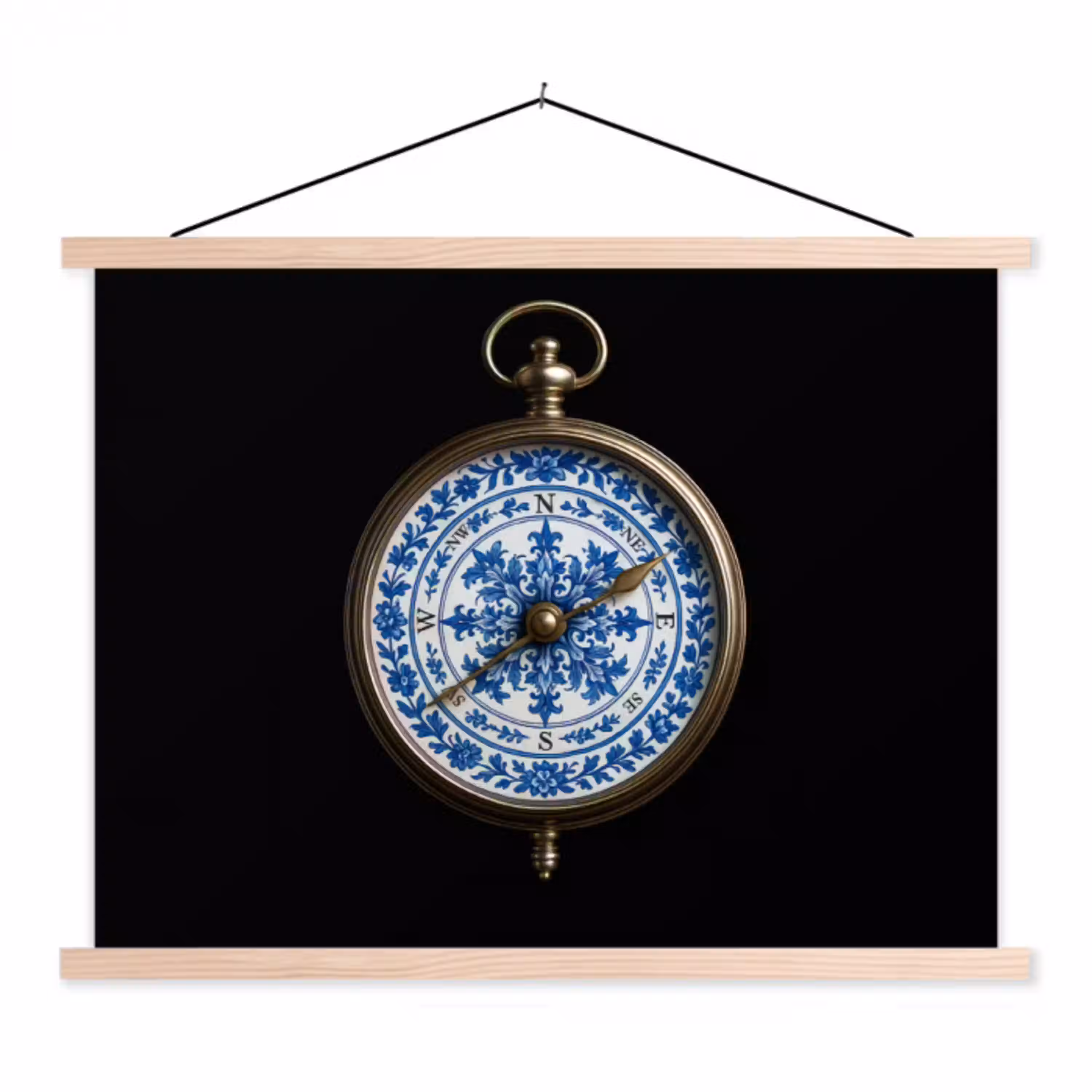 Kompas - Delfts blauw - Zwart textielposter latten blank klein -3d