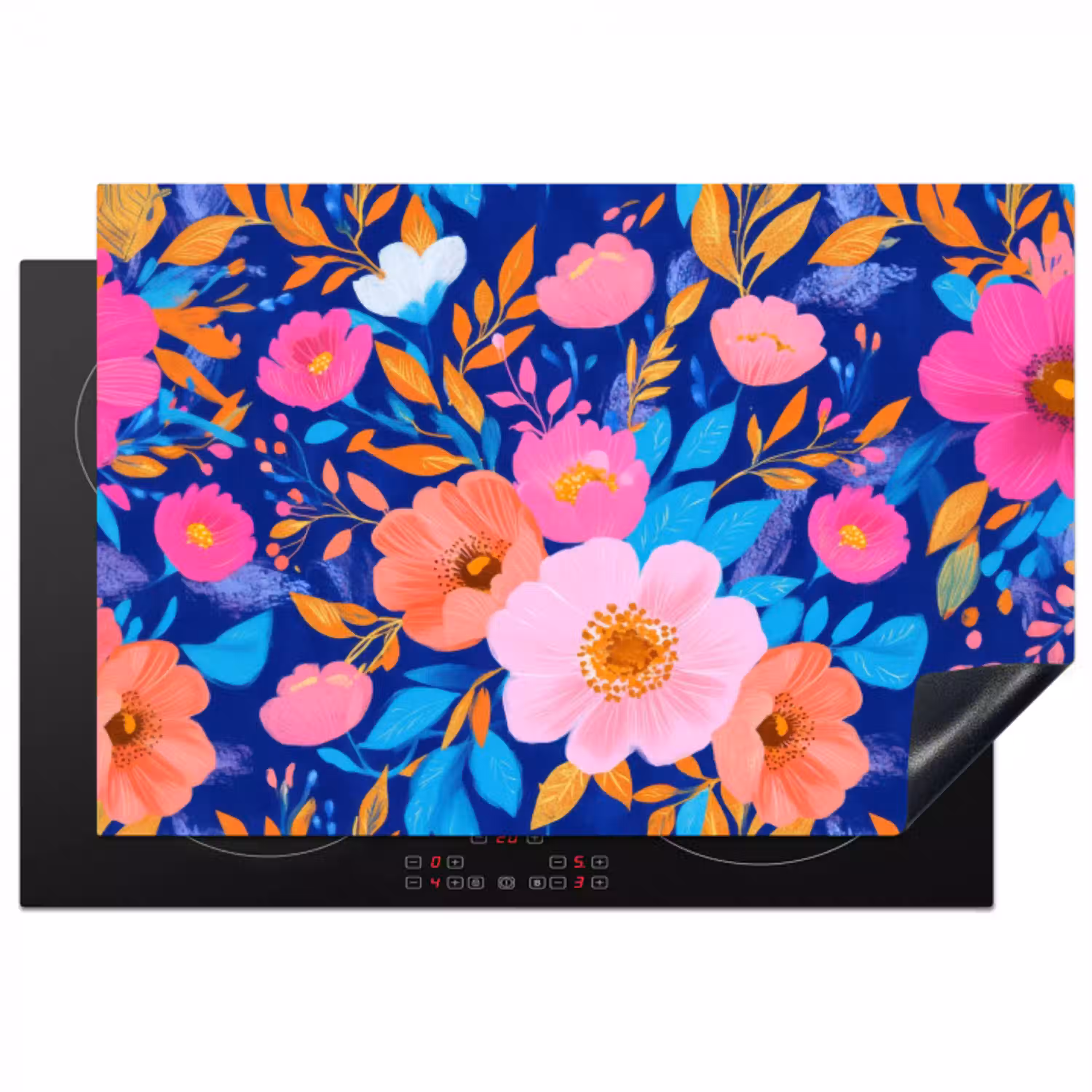 Bloemen - Blauw - Roze Inductie beschermer vinyl 3mm klein -3d
