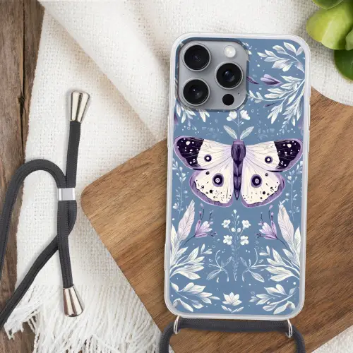 Vlinder - Bloemtakken - Lichtblauw Hoesje iPhone 16 Pro Max met koord klein -sfeer4