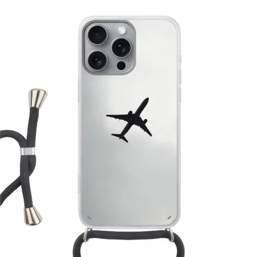 Minimalistisch - Silhouet - Zwart - Vliegtuig Hoesje iPhone 16 Pro Max met koord klein -3d