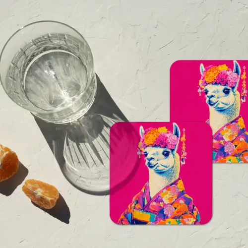 Lama - Kimono - Bloemenkrans - Felroze onderzetter kurk middel -sfeer4