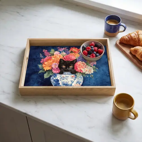Kat - Felgekleurde bloemen - Vaas Dienblad Rechthoek middel -sfeer2