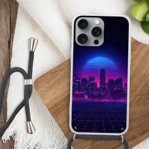Skyline - Zon - Neon - Rasterpatroon Hoesje iPhone 16 Pro Max met koord klein -sfeer4