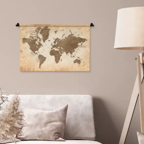 Wereldkaart - Beige - Bruin Wandkleed katoen klein -sfeer4