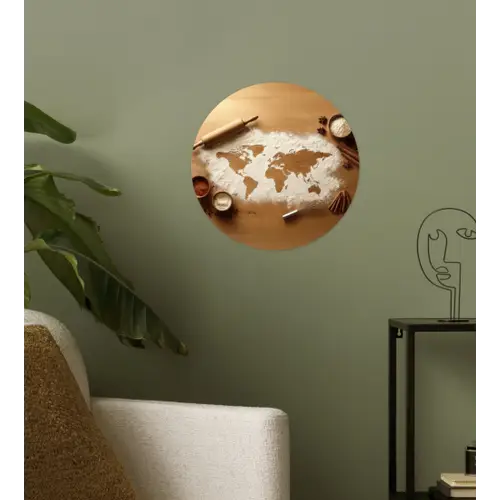 Hout - Wereldkaart - Bakken - Keuken Wandcirkel behangsticker klein -sfeer2