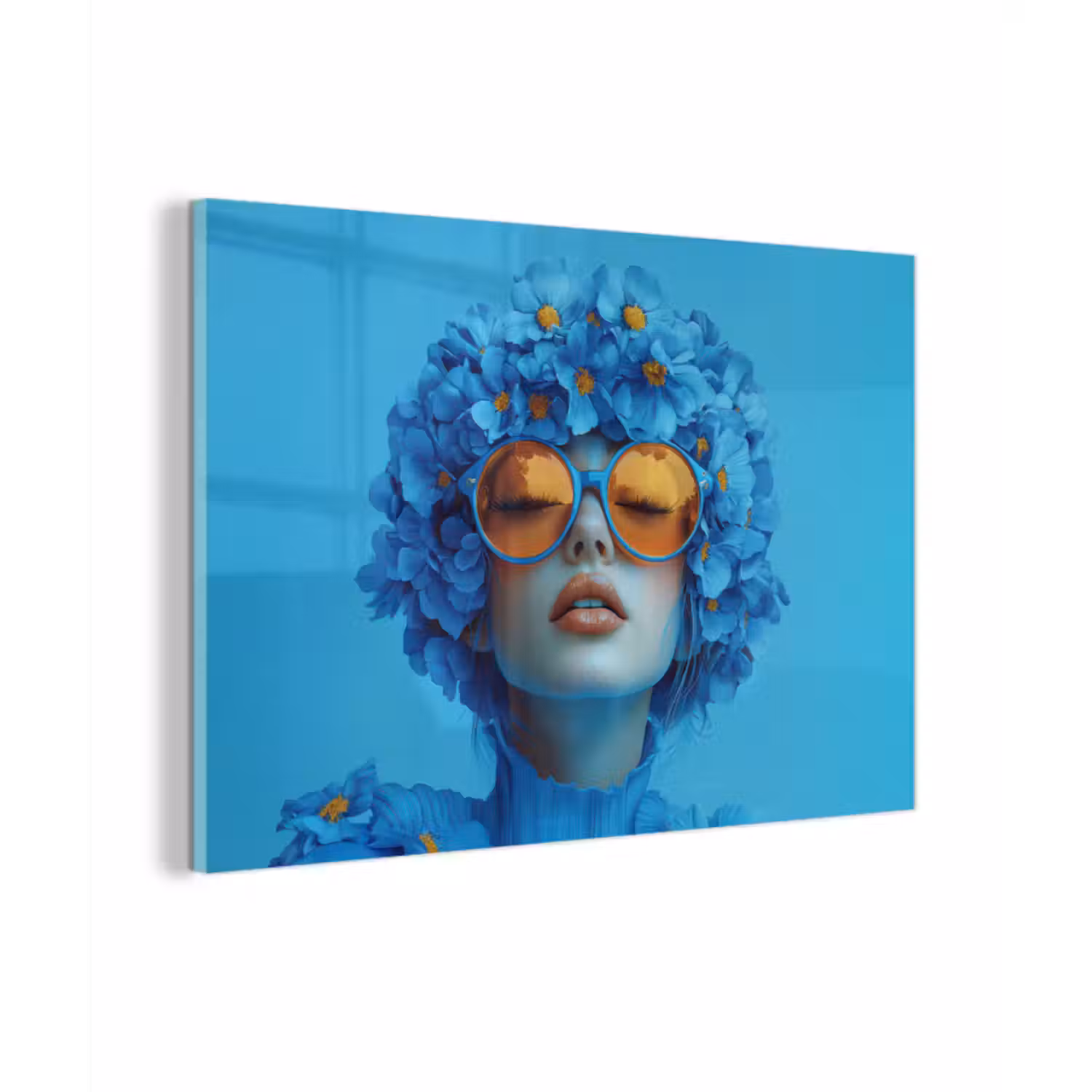 Glas schilderij - Vrouw - Bloem - Blauw - Modern - Bril - Portret