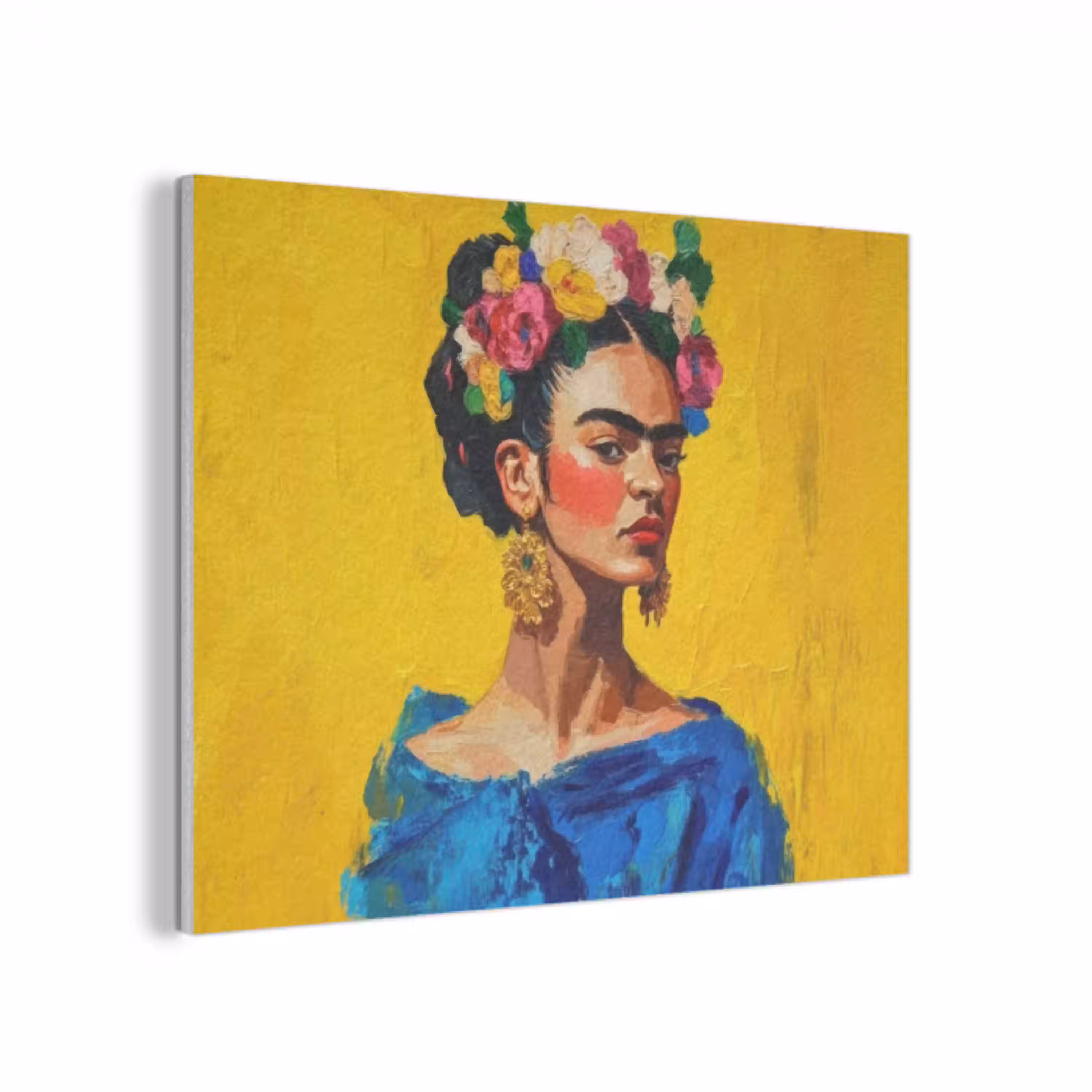 Frida Kahlo - Vrouw - Geel - Blauw - Bloemen PET vilt klein -3d