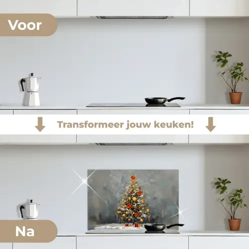 Kerstboom - Cadeaus - Rood - Goud keuken achterwand spatscherm klein -voor_na_NL