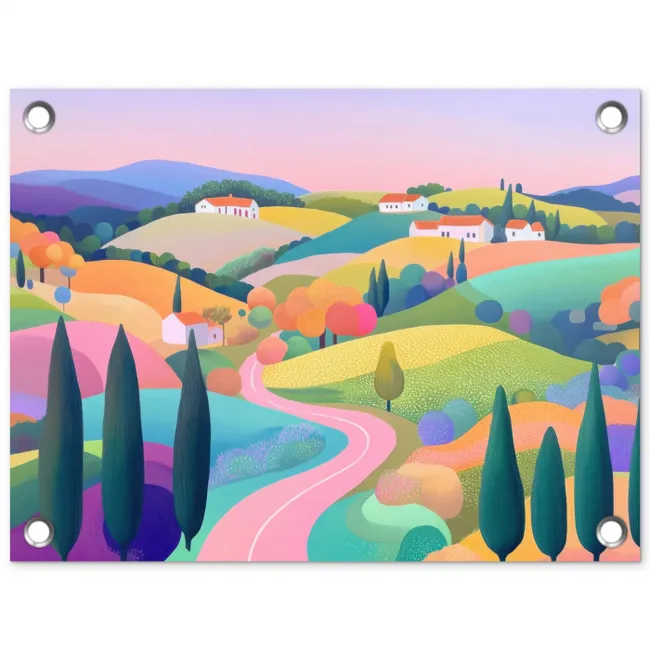 Landschap - Paars - Pastel - Huizen tuinposter los doek klein -3d