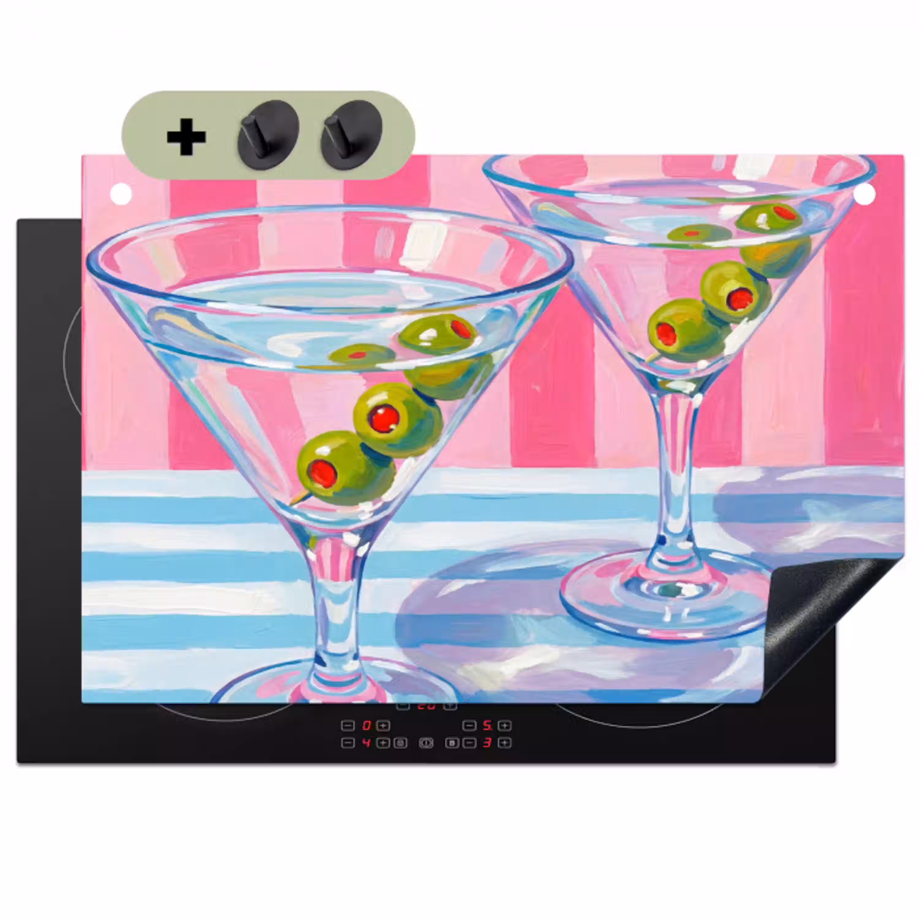 Cocktail - Olijven - Kunst - Modern - Roze Inductie beschemer met haakjes klein -3d