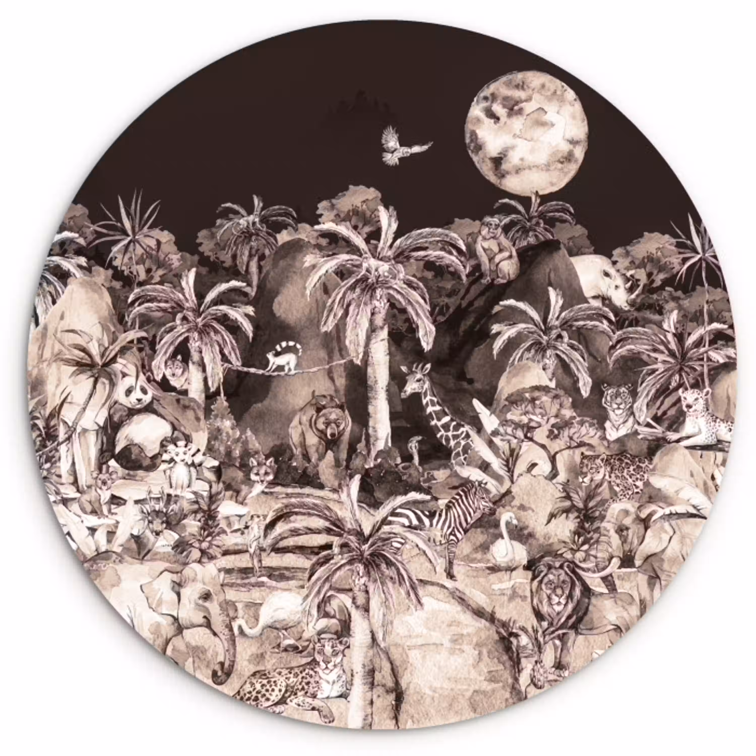 Jungle - Dieren - Kinderen - Bomen - Planten Wandcirkel kunststof plaat 5mm dik klein -3d