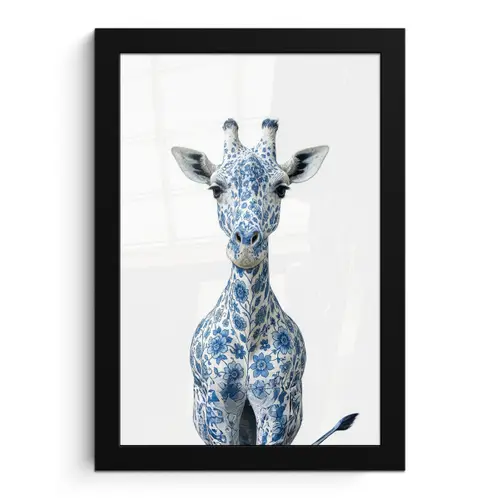 Giraffe - Delfts blauw - Dieren - Minimalistisch fotolijst zwart zonder passe partout klein -3d