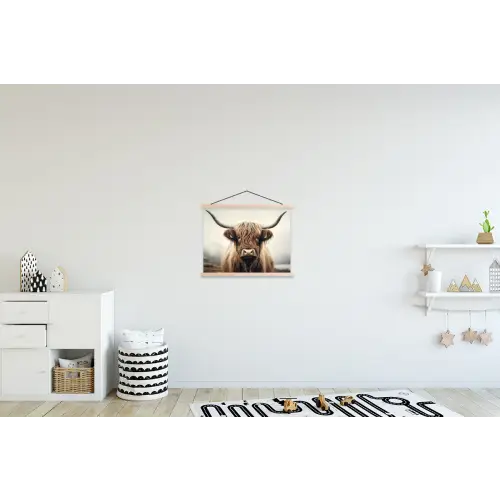 Schotse hooglander - Hoorns - Landschap textielposter latten blank klein -kinderkamer