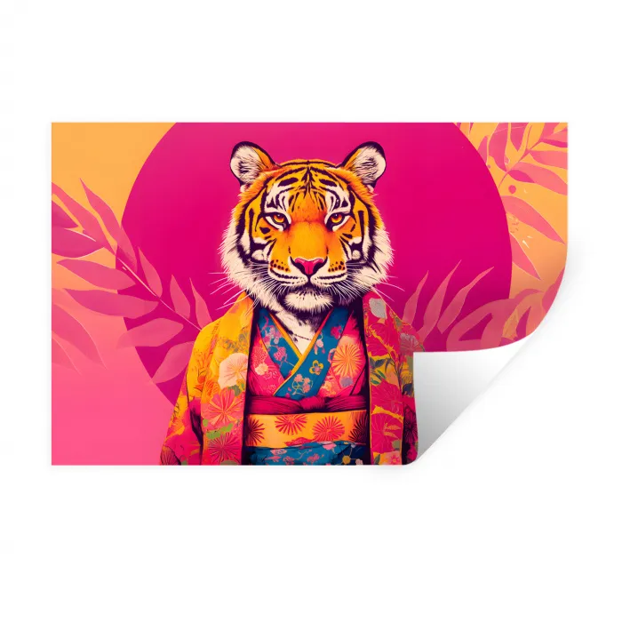 Tijger - Kimono - Planten - Roze Muursticker klein -3d