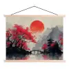 Rode zon - Rivier - brug - Bomen textielposter latten blank klein -3d