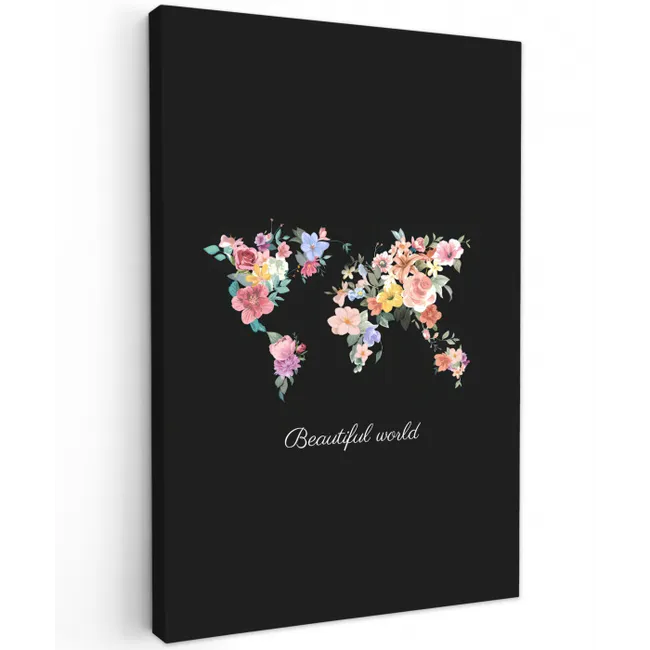 Wereldkaart - Bloemen - Pastelkleuren Tuinposter op houten frame 2 cm dik middel -3d