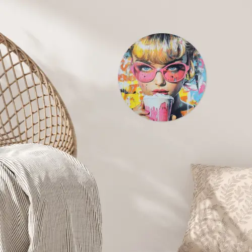 Expressief - Milkshake - Vrouw - Felle kleuren Wandcirkel behangsticker klein -sfeer4